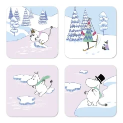 4 Posavasos Moomin winter 2022 9x9 cm, Azul-blanco-rosa