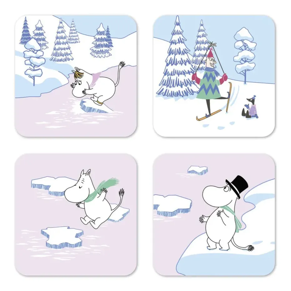 4 Posavasos Moomin winter 2022 9x9 cm, Azul-blanco-rosa