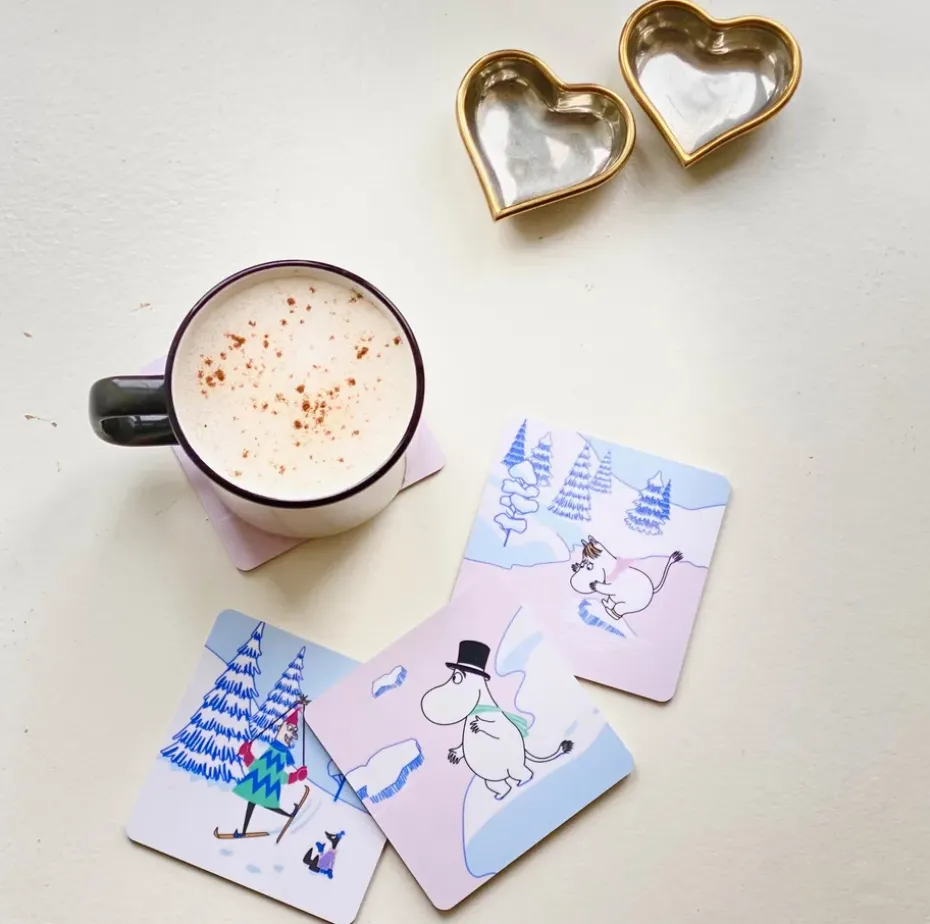4 Posavasos Moomin winter 2022 9x9 cm, Azul-blanco-rosa