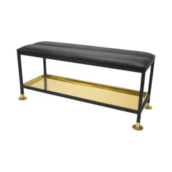 Banco con zapatero 11, Negro/latón, cojín para silla cuero negro