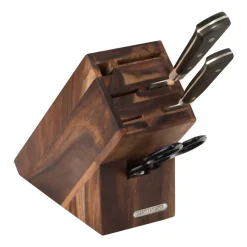 Bloque de cuchillos acacia para 5 cuchillos, afilador y tijeras, 9,5x22 cm