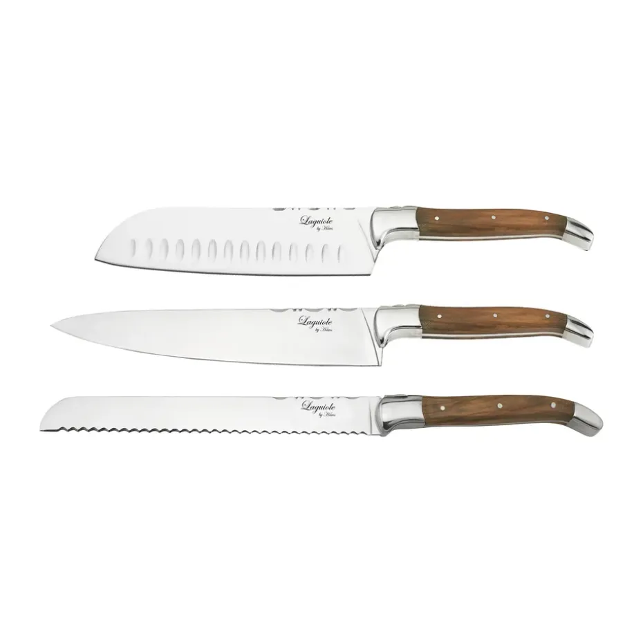 Cuchillos de chef Laguiole By Hâws con tabla de cortar, 4 piezas, Olivo-acero inoxidable-bambú