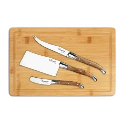 Cuchillos para queso con tabla de cortar Laguiole By Hâws, 4 piezas, Bambú-olivo-acero inoxidable