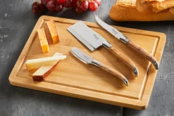 Cuchillos para queso con tabla de cortar Laguiole By Hâws, 4 piezas, Bambú-olivo-acero inoxidable