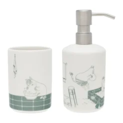 Dispensador de jabón y portacepillos de dientes Mumin, Hora del baño verde-blanco