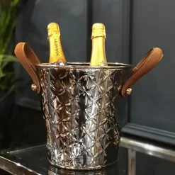 Enfriador de botellas vino French Fleur con asas de cuero, acero inoxidable
