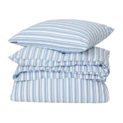 Juego de funda nórdica Striped Cotton Poplin, White-Blue, 2 fundas de almohada