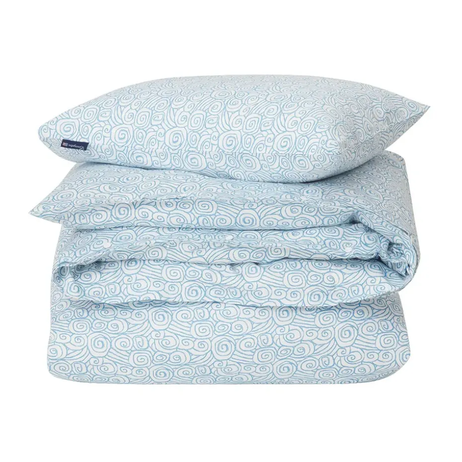 Juego de funda nórdica Wave Printed Cotton Sateen, White-Blue, 2 fundas de almohada