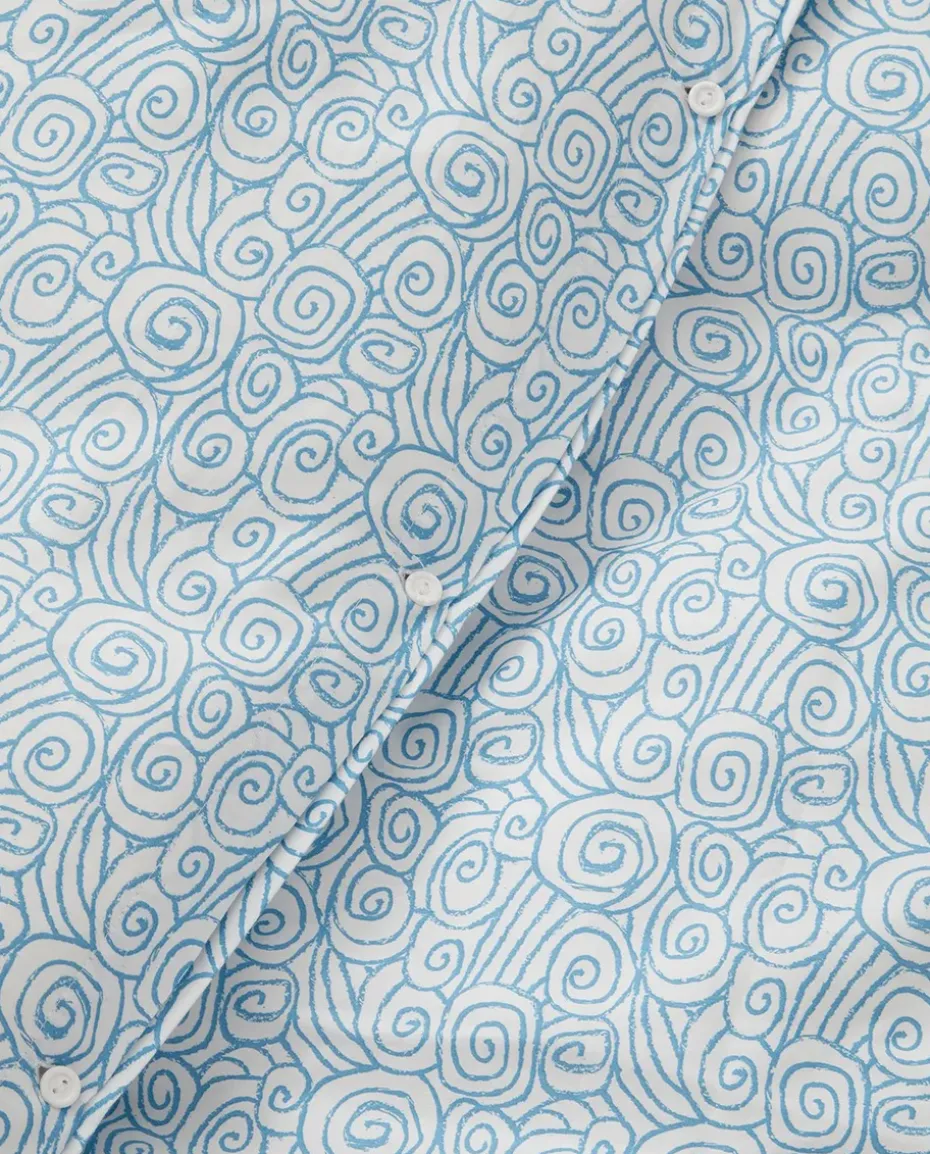 Juego de funda nórdica Wave Printed Cotton Sateen, White-Blue, 2 fundas de almohada