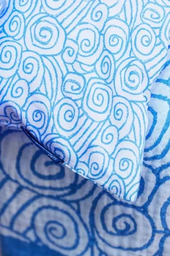 Juego de funda nórdica Wave Printed Cotton Sateen, White-Blue, 2 fundas de almohada