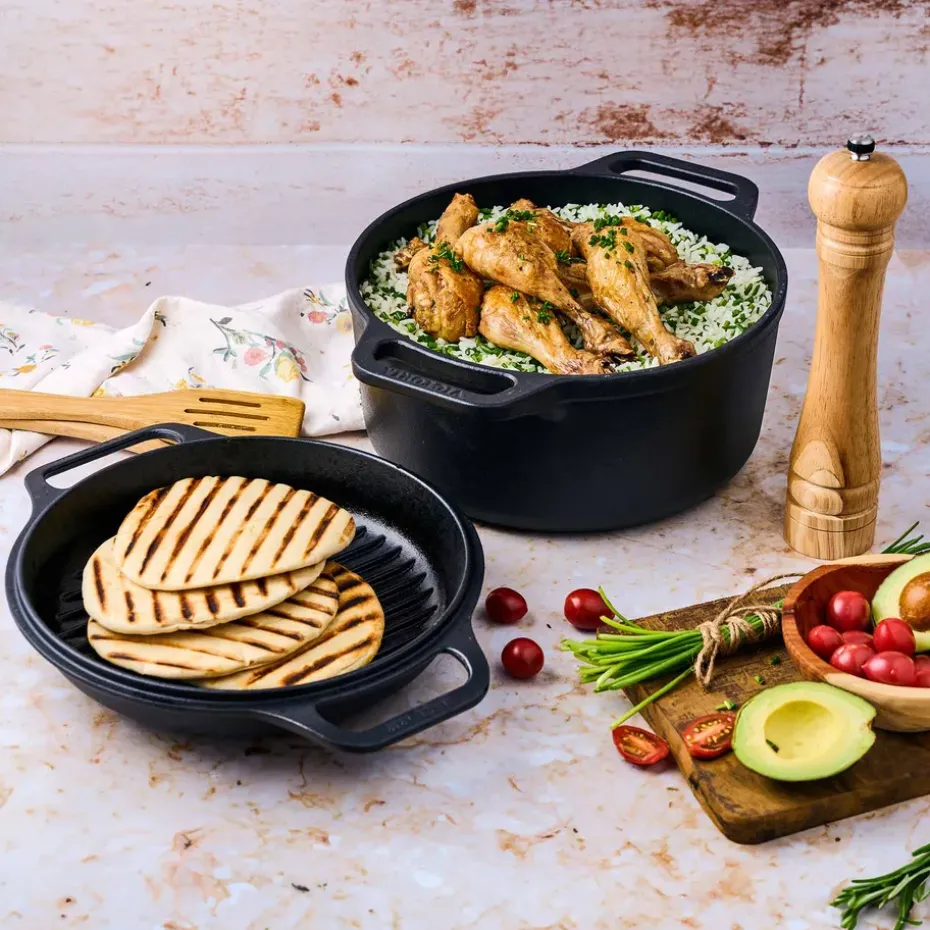 Juego de olla y sartén de hierro fundido Combo Cooker, 2 piezas, Negro