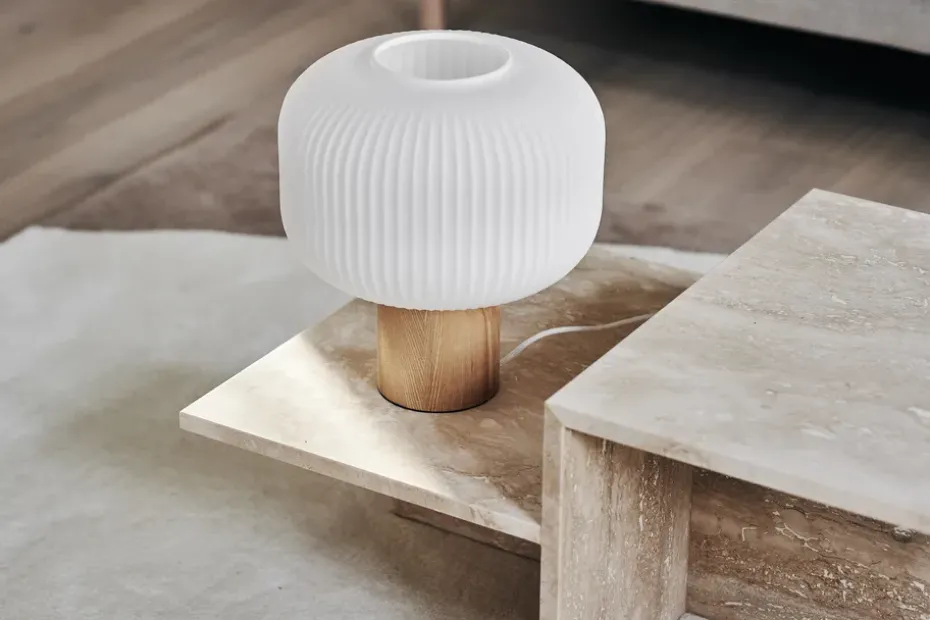 Lámpara de mesa Fair 34,5 cm, Vidrio escarchado-fresno