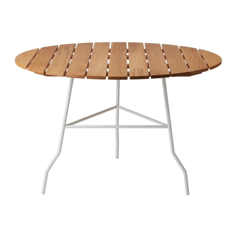Mesa Pia Ø110 cm, Soporte de acero lacado blanco - roble aceitado