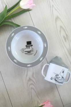 Mumin Vatten & Bad taza con boquilla y plato con ventosa, Gris