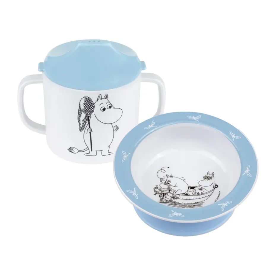 Mumin Vatten & Bad taza con boquilla y plato con ventosa, Azul
