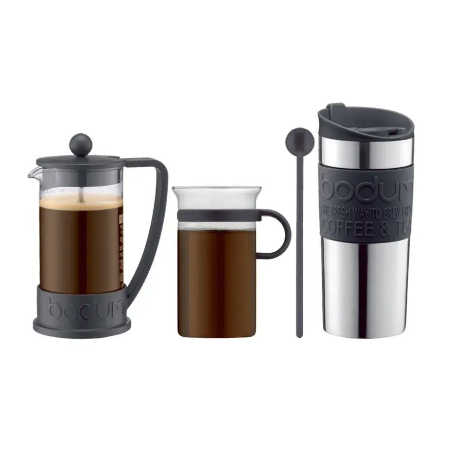 Set de café con cafetera de émbolo, taza, taza de viaje y cuchara, negro
