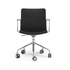 Silla de oficina elevable/bajable sin basculación Stella, Cuero elmosoft 99999 negro, base de cromo, respaldo flexible