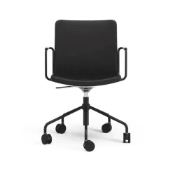 Silla de oficina elevable/bajable sin basculación Stella, Cuero elmosoft 99999 negro, base negra, respaldo flexible
