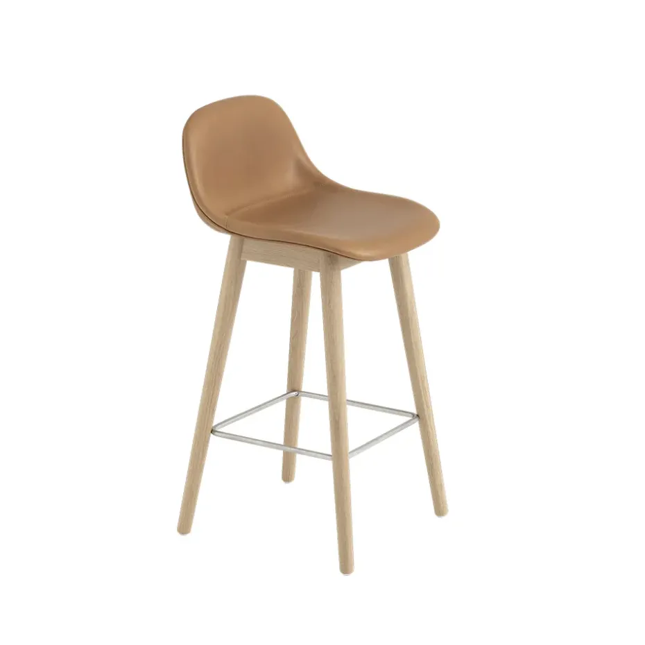 Taburete bar con respaldo Fiber 75 cm, Cuero cognac-patas de roble